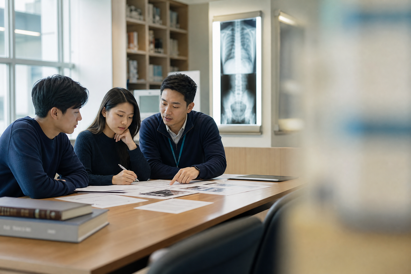 學生與升學顧問一同比較海外醫學影像課程資料